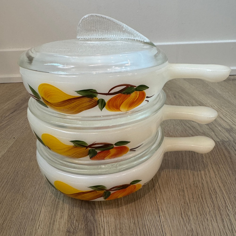 Vintage Glasbake Harvest Pear Milk Glass Soup Bowls with Fin Lids Set of 3 Small